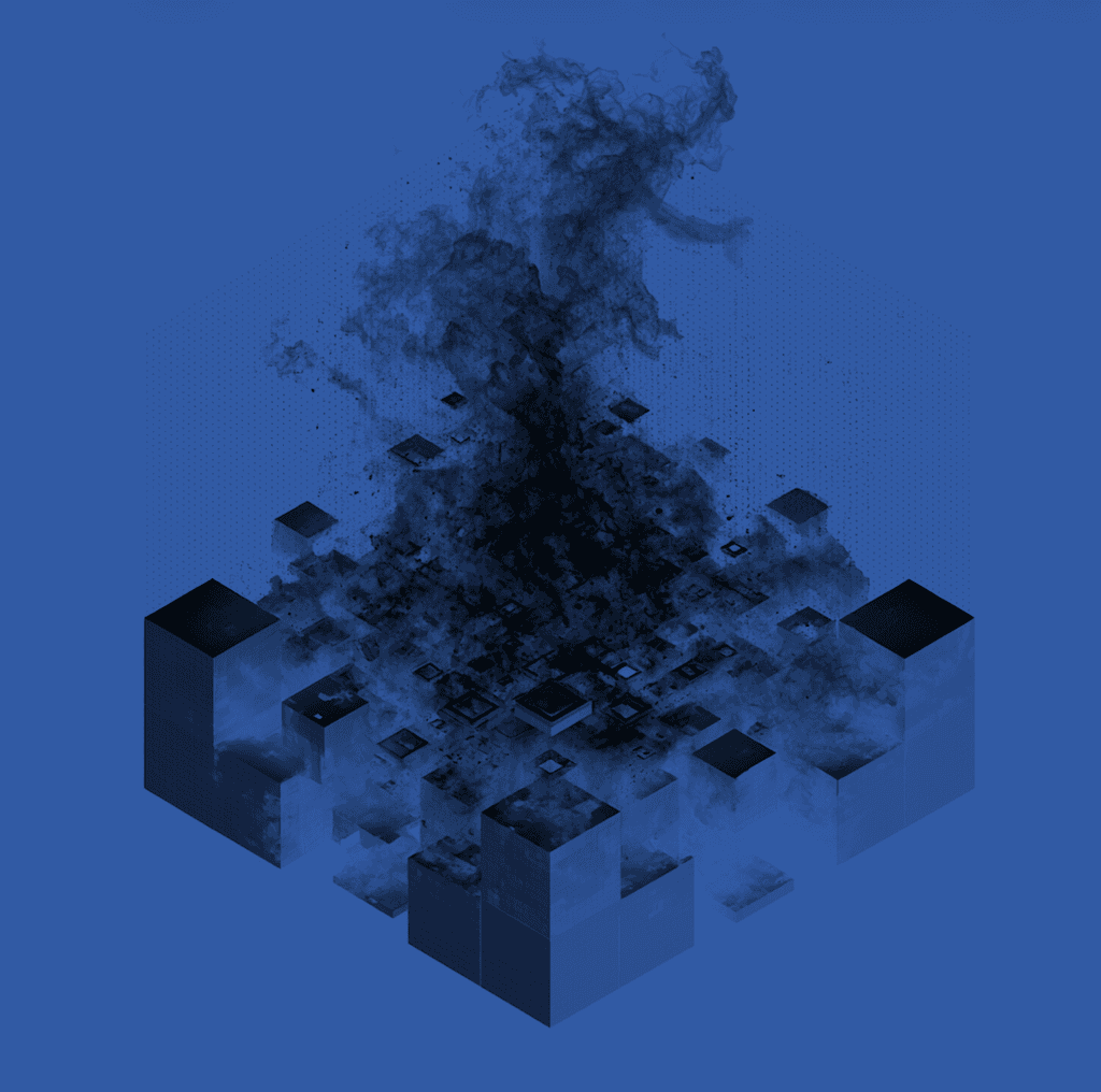 Abstract isometric blue cubes — binary events v2 research artwork