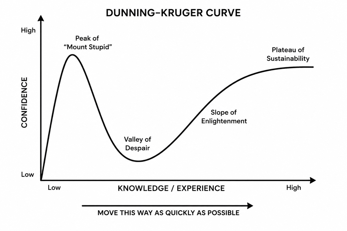 The Dunning-Kruger curve: confidence against knowledge and experience, peaking early at Mount Stupid, dropping into the Valley of Despair, then rising along the Slope of Enlightenment to a Plateau of Sustainability. An arrow underneath reads move this way as quickly as possible.
