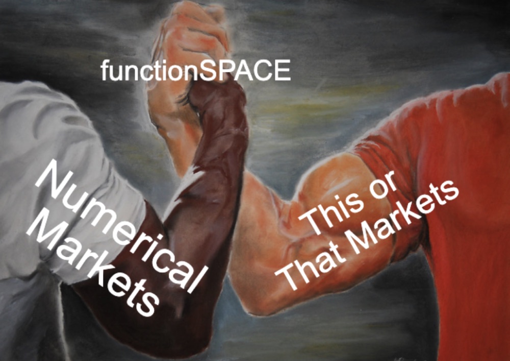 The epic handshake meme under the functionSPACE name: two arms gripping hands, one labelled Numerical Markets and the other This or That Markets - the joke being they are the same thing.