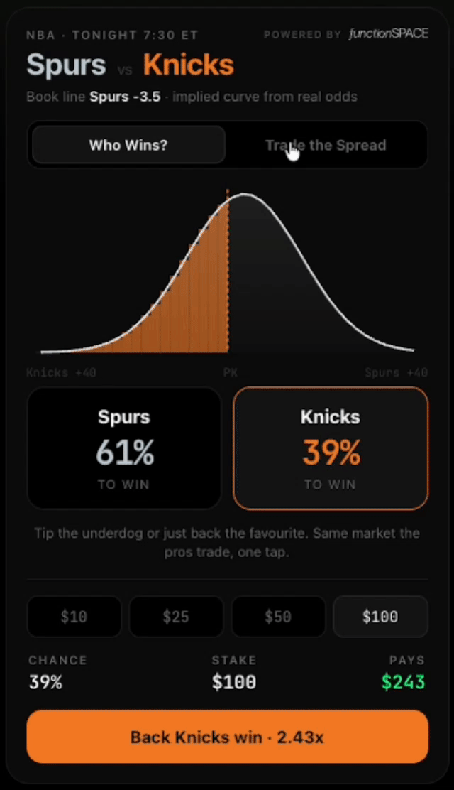 propSPACE mobile screen switching from Who Wins to Trade the Spread on the same Spurs vs Knicks market.